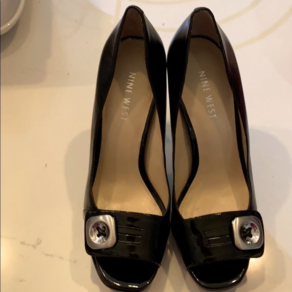 Size 5 4” black open toe platform heels nine west